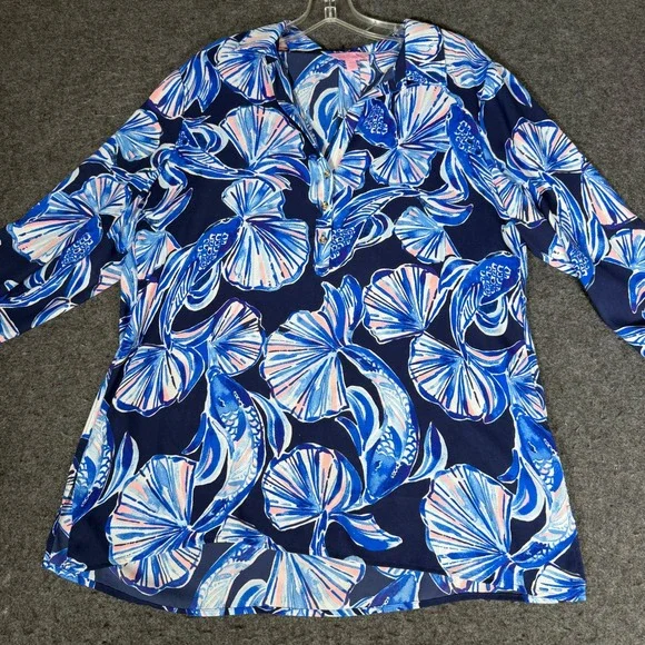 Lilly Pulitzer Elsa Top Blue Scale Up Koi Fish Shell Print Roll Tab Blouse L - Picture 6 of 9